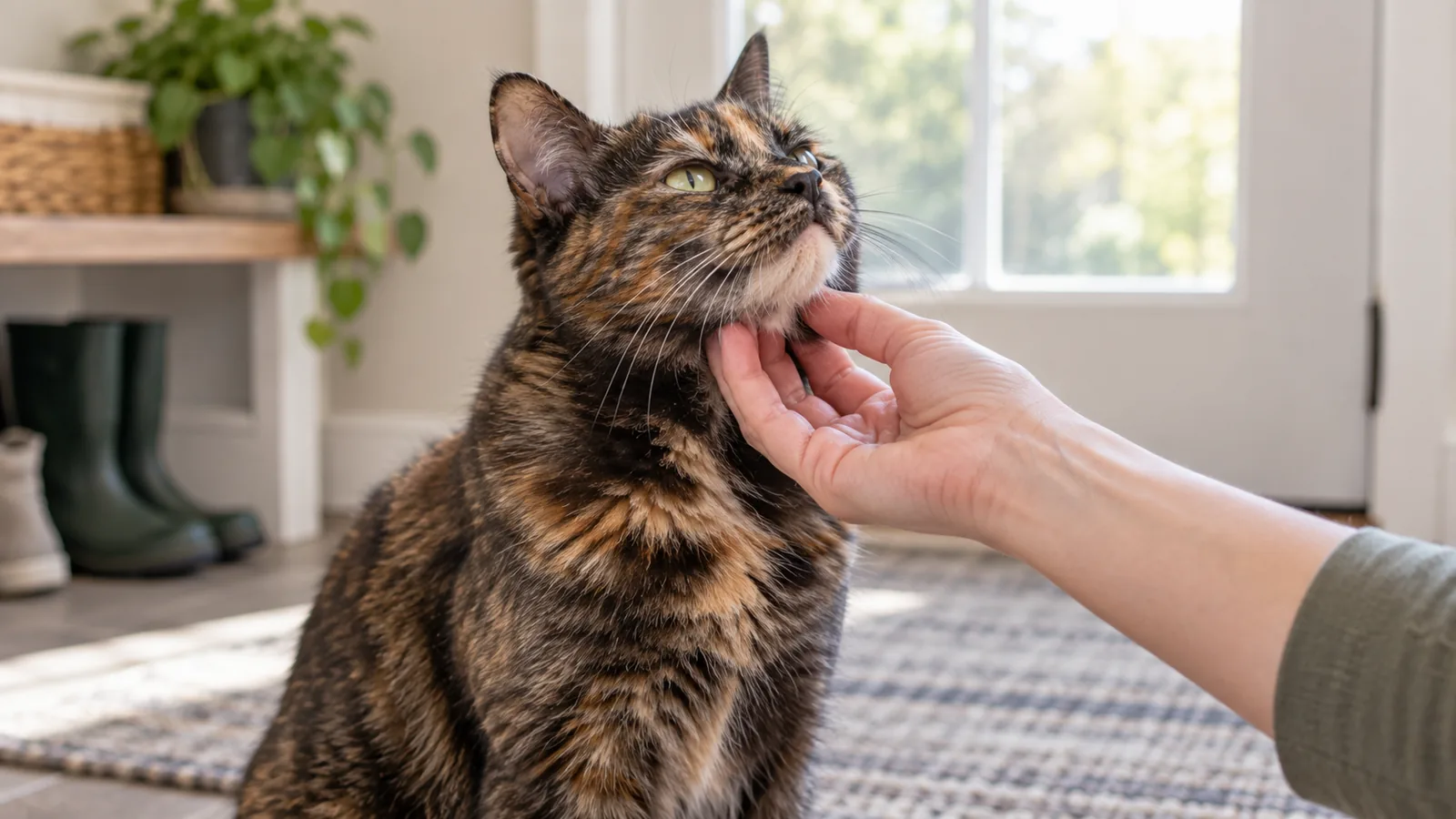 A hand gently feeling under the chin and throat of a tortoiseshell cat in a sunlit room.